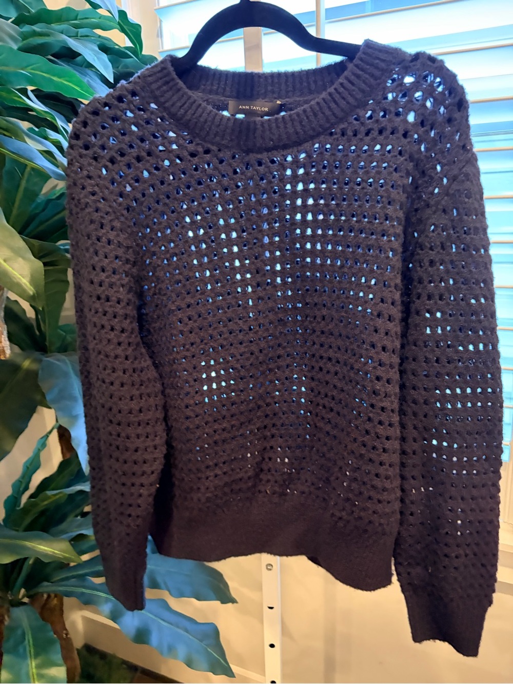 Ann Taylor Navy Open-Weave Crewneck Sweater